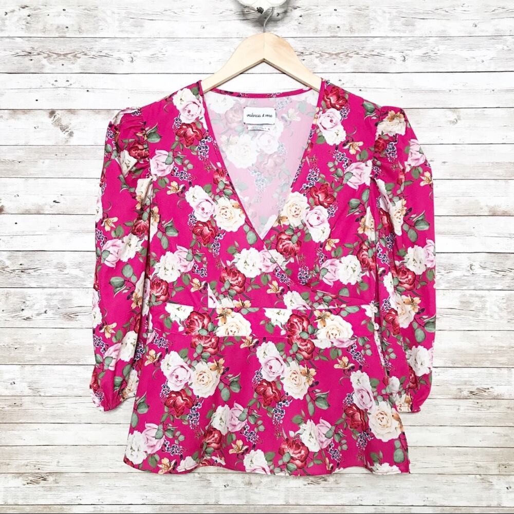 Valencia & Vine Floral Wrap Blouse Pink Puff Sleeve Preppy Twee Romantic Size M